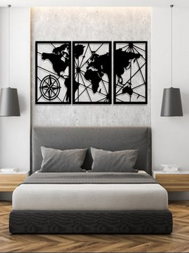 Décoration Carte du Monde - Mappemonde - Tryptique - Art de Fer - Wall Art